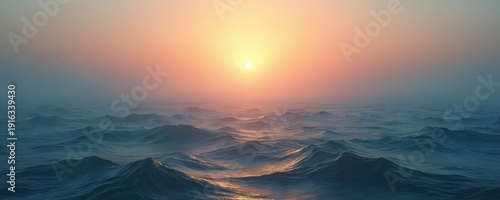 Ocean waves in morning mist during sunrise. Sun glows with orange and pink hues. Gentle water motion creates serene atmosphere. Calm sea surface.