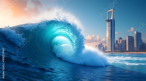 A stunning wave captured in vibrant blue hues, with a modern skyline in the background, reflecting a serene coastal vibe.