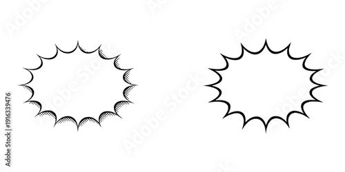 Two line art illustrations of a speech bubble with jagged edges, one with halftone dots on the left side, representing a sudden sound or explosion