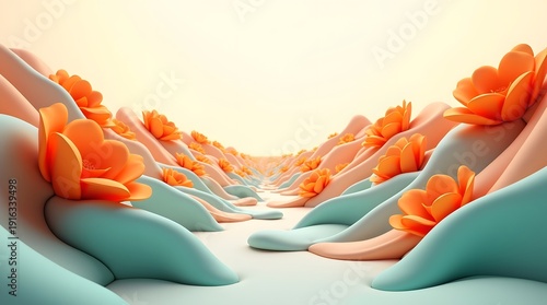 A serene landscape featuring vibrant orange flowers atop soft blue waves, creating a harmonious blend of colors in a tranquil setting.