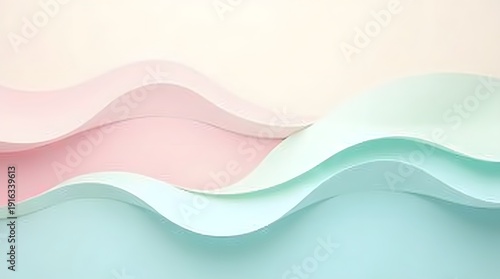Abstract waves of pastel-colored paper in soft pink and mint tones create a calming visual texture.