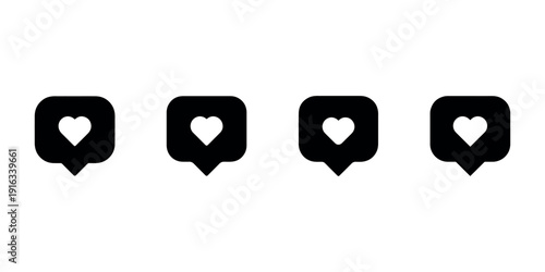 Black solid icons set of like notification speech bubble shape with heart symbol inside representing social media engagement and approval on white