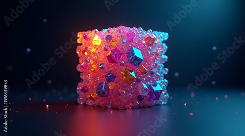 A vibrant abstract arrangement of colorful geometric shapes glowing in hues of pink and orange against a dark backdrop.