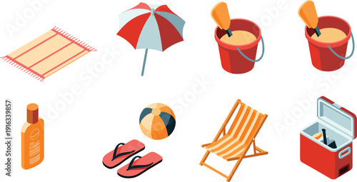 Isometric beach summer icons with umbrella, chair, cooler, sunscreen, flip flops, ball, towel vector illustration set