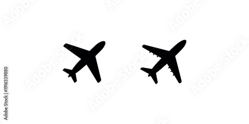 Airplane silhouette icons showing flight travel transportation aviation airline industry aircraft symbol for tourism holiday journey global air traffic