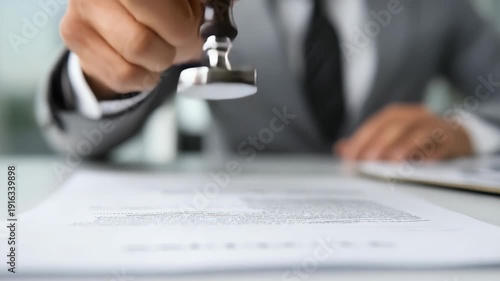 Closeup of a businessman stamping an official document at a desk in a modern office environment. The focus is on the hand holding a stamp, symbolizing approval and legal validation