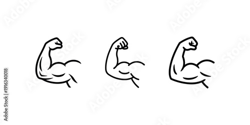 Strong flexed arm biceps muscle icon set in three different line weights representing fitness strength and bodybuilding power for gym logo inspiration