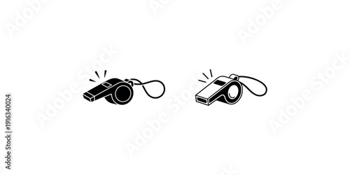Black and white whistle icon set featuring two different styles of sports whistle with lanyards isolated on white background for referee or coach design