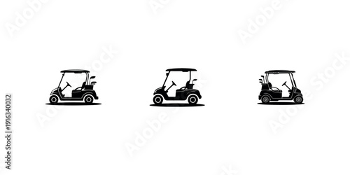 Golf cart silhouette set displaying three views of small electric vehicles with golf bags on white background for sporting resort or leisure activity
