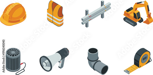 Isometric construction tools and equipment set with helmet, vest, excavator, megaphone, pipe, measuring tape vector illustration