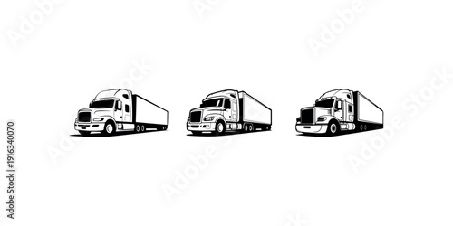Semi truck trailer vector illustration set featuring three different versions of heavy duty commercial freight vehicles for logistics and transportation