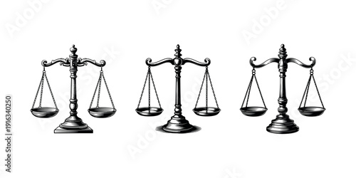 Justice scales of balance illustration set in vintage engraved style featuring three different ornate designs for legal and courtroom thematic backgrounds