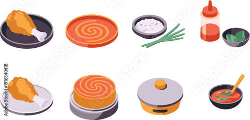 Isometric food set with chicken drumstick, rice bowl, soup, sauce bottle, cooking pot illustration kitchen background concept