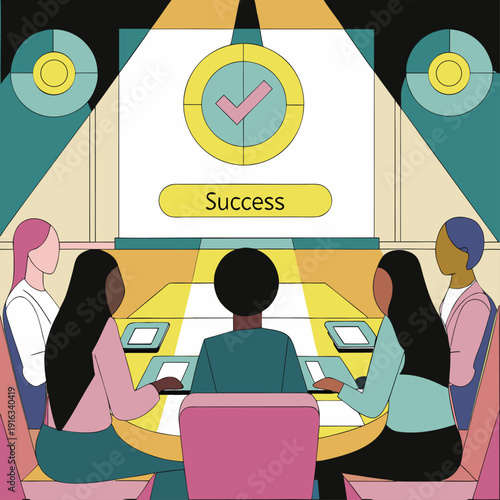 Corporate Achievement Concept – Business Meeting with Success Logo Vector Illustration