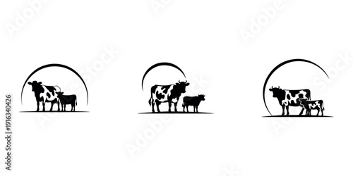 Three identical black and white illustrations of a mother cow and her calf standing on a small patch of grass, beneath a half-circle arch