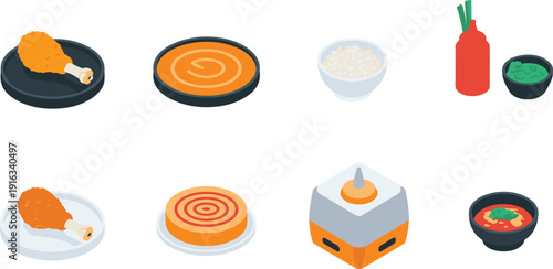 Isometric food set with chicken drumstick, rice bowl, soup, sauce, kitchen appliance illustration cooking background concept design