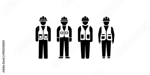 Collection of four black construction worker icons wearing safety helmets and high visibility vests representing industrial labor and building site team