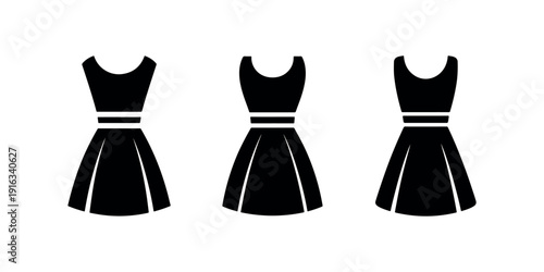 Three black silhouette icons of sleeveless dresses with flared skirts and waist belts arranged horizontally for fashion retail and apparel store design