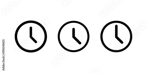 Set of minimalist black line clock icons showing time for appointment management schedule planning and deadline reminder isolated on white background art