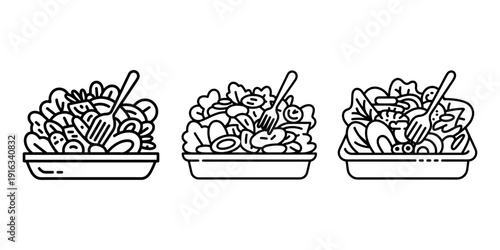 Set of three icons showing bowls of healthy green salad with fork preparation for eating fresh vegetable meal or diet food