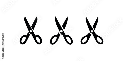 Scissors icon set for office stationery school cutting tools isolated on white background black silhouette professional hair cutting and tailoring equipment