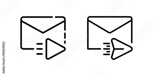 Two line art icons showing envelope email message being sent with fast forward or send arrow indicating quick digital message transmission concept