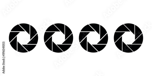 Set of four black and white aperture diaphragm icons representing camera shutter or optical lens setting symbol