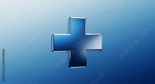 Blue gradient plus sign symbol with metallic effect on blue background representing healthcare and medical concepts