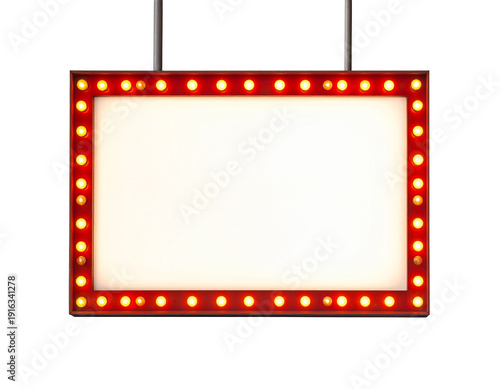 Illuminated marquee sign with red bulbs and blank inner panel hanging from wires