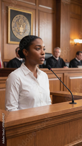 Young African American woman giving testimony or speaking at a podium in a courtroom setting with judges in the background, representing law, justice, legal defense, and witness