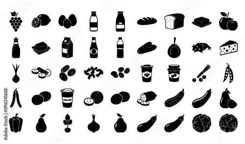 Food silhouette vector set grocery items fruits vegetables dairy black shapes isolated