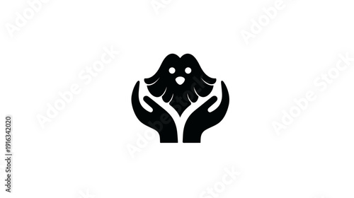 Abstract black silhouette logo of hands cradling a stylized small bird, symbolizing animal welfare, protection, care, and nurture.