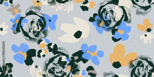 Seamless floral vector pattern featuring bold painterly roses and abstract blooms in navy, blue, ochre, cream and black on a soft grey background. Perfect for contemporary womenswear, home textiles 