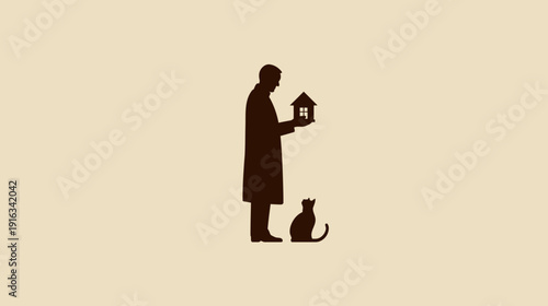 Minimalist silhouette of a person holding a small house with a cat nearby, symbolizing home, shelter, and pet companionship