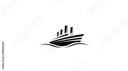 Black and white vector icon of a classic ocean liner or cruise ship sailing on waves, ideal for travel, maritime, or shipping design.