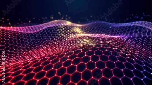 Digital futuristic landscape with a vibrant grid pattern and glowing hexagonal network