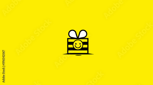 Stylized bee-themed gift box with a happy smiley face and bow on vibrant yellow background. Minimalist present icon illustration.
