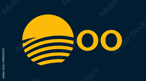 Abstract golden sun symbol with wavy lines and two 'o' letters on a deep navy blue background. Modern graphic design element.