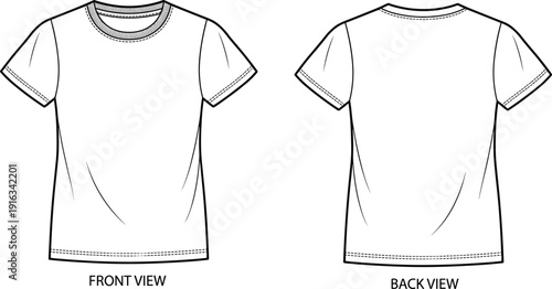 Blank t shirt mockup vector template, front and back view, classic crew neck tee design illustration isolated