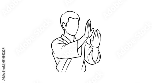 Karate martial arts stance, defensive hand block, line art illustration