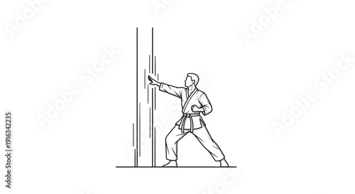 Karate practitioner in uniform performs a punch against a vertical striped background.