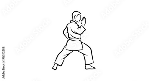 Karateka in fighting stance, black and white line drawing, martial arts training