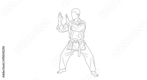 Karateka performing a defensive stance, black and white line art