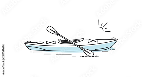 Light Blue Kayak with Paddle on Water, Sunny Day, Minimalist Line Art