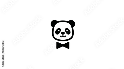 Cute minimalist panda head icon with a black bow tie. Adorable cartoon animal illustration for design elements or avatars.