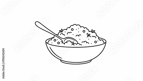 Hand-drawn illustration of a bowl of rice with a spoon, simple line art, white background