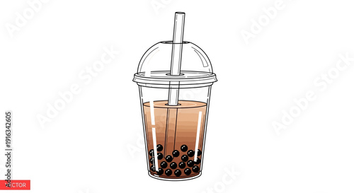 Hand-drawn illustration of a bubble tea with tapioca pearls and straw in a clear plastic cup