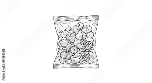 Hand-drawn illustration of a clear plastic bag filled with assorted snacks, including pretzels.