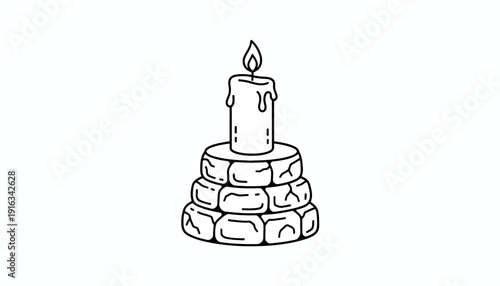 Hand-drawn illustration of a lit candle on a stone base, simple line art, isolated on white background.