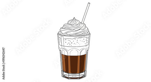 Hand-drawn illustration of a refreshing iced coffee with whipped cream and straw